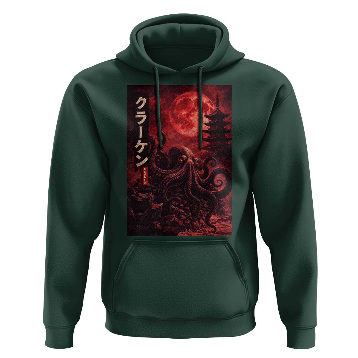 Vintage Sea Monster Hoodie Horror Japanese Octopus Mythology Temple Red Moon