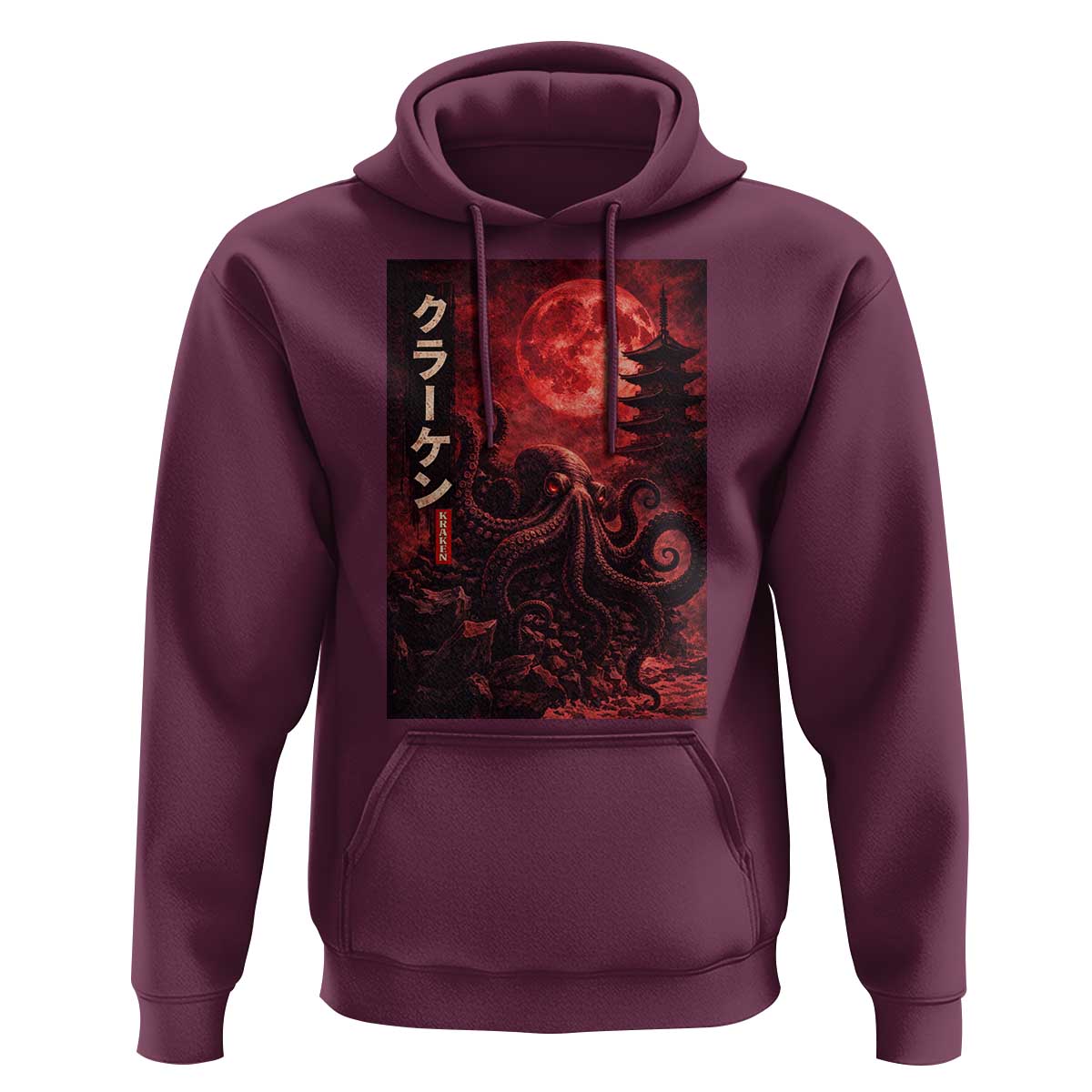 Vintage Sea Monster Hoodie Horror Japanese Octopus Mythology Temple Red Moon