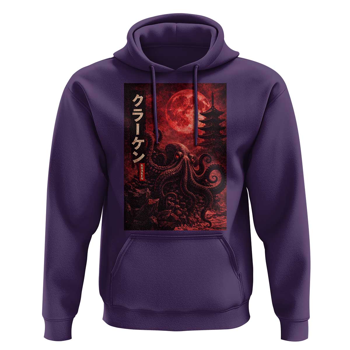 Vintage Sea Monster Hoodie Horror Japanese Octopus Mythology Temple Red Moon