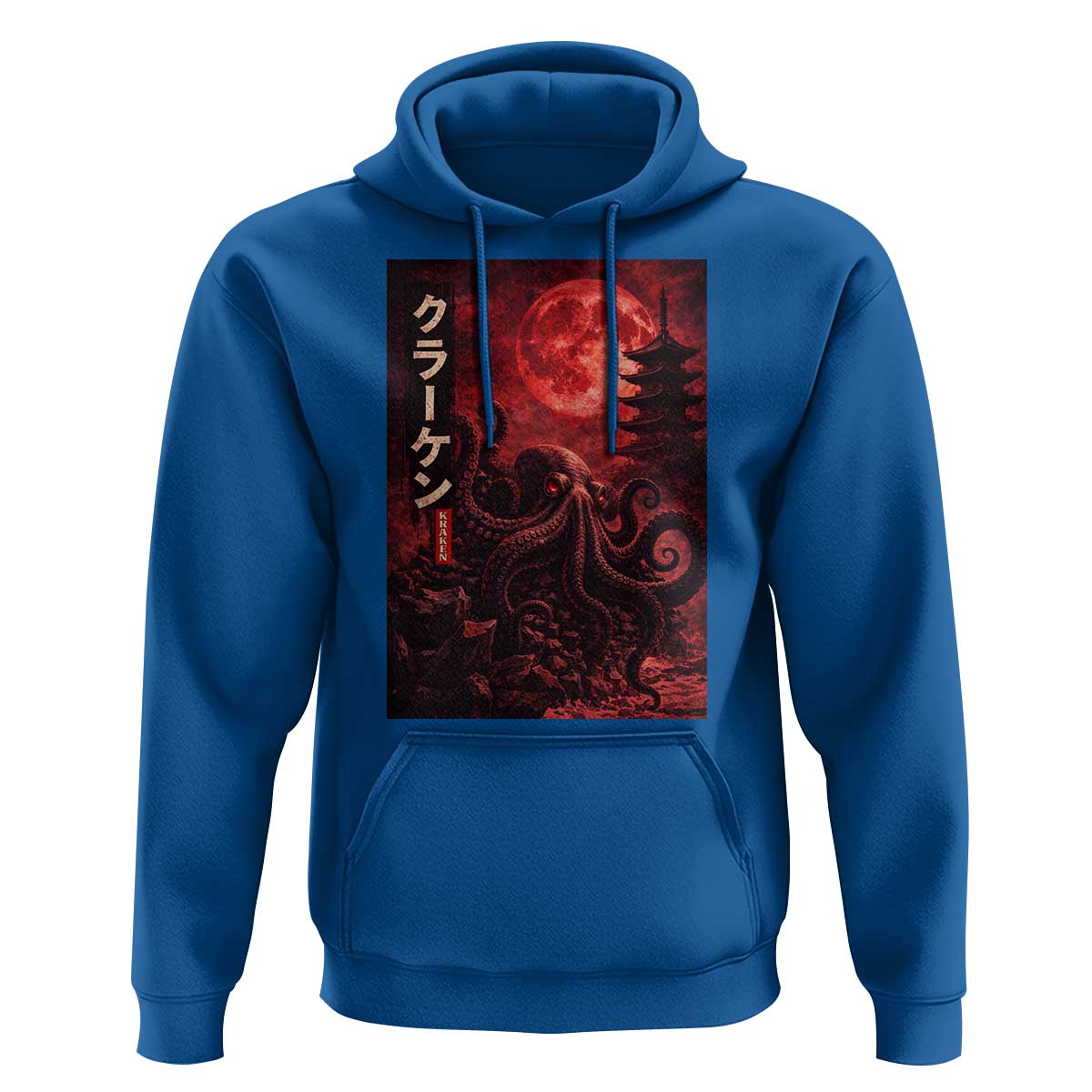Vintage Sea Monster Hoodie Horror Japanese Octopus Mythology Temple Red Moon