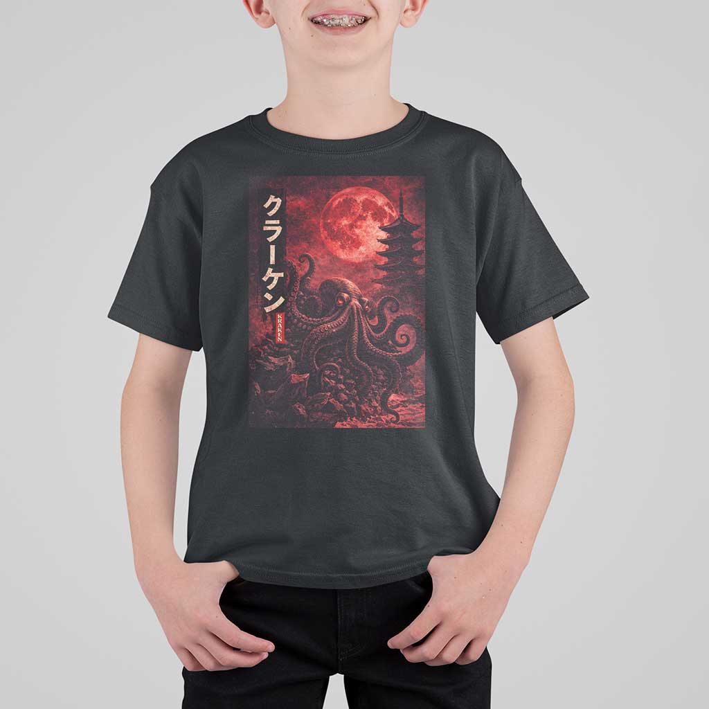 Vintage Sea Monster T Shirt For Kid Horror Japanese Octopus Mythology Temple Red Moon