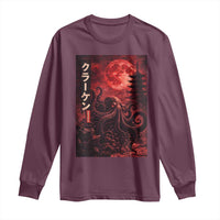 Vintage Sea Monster Long Sleeve Shirt Horror Japanese Octopus Mythology Temple Red Moon