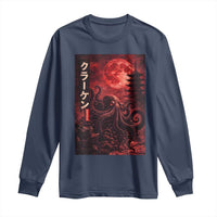 Vintage Sea Monster Long Sleeve Shirt Horror Japanese Octopus Mythology Temple Red Moon