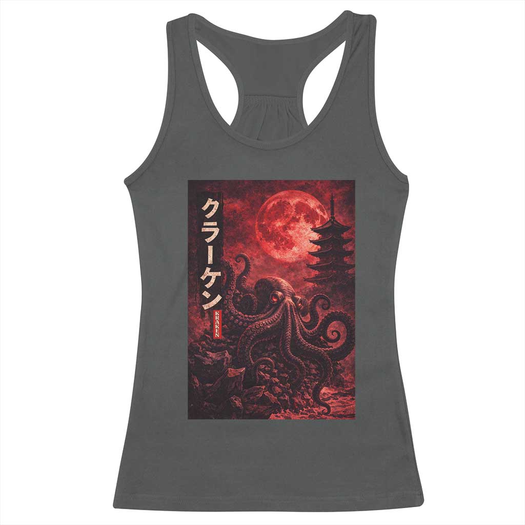 Vintage Sea Monster Racerback Tank Top Horror Japanese Octopus Mythology Temple Red Moon