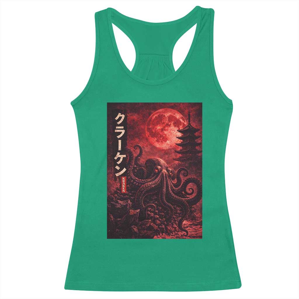 Vintage Sea Monster Racerback Tank Top Horror Japanese Octopus Mythology Temple Red Moon