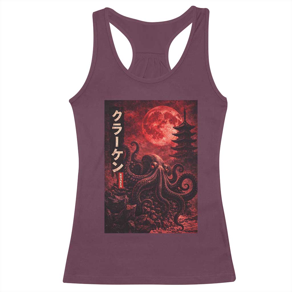 Vintage Sea Monster Racerback Tank Top Horror Japanese Octopus Mythology Temple Red Moon
