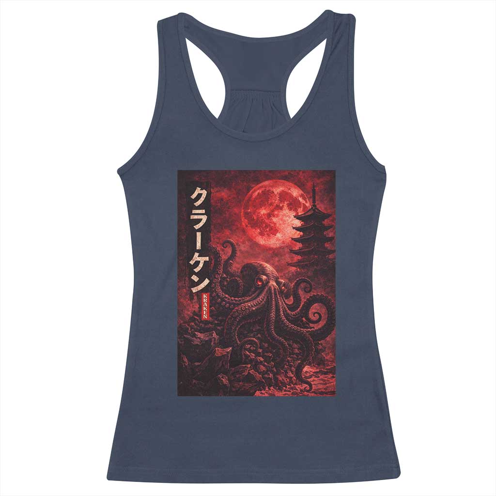 Vintage Sea Monster Racerback Tank Top Horror Japanese Octopus Mythology Temple Red Moon