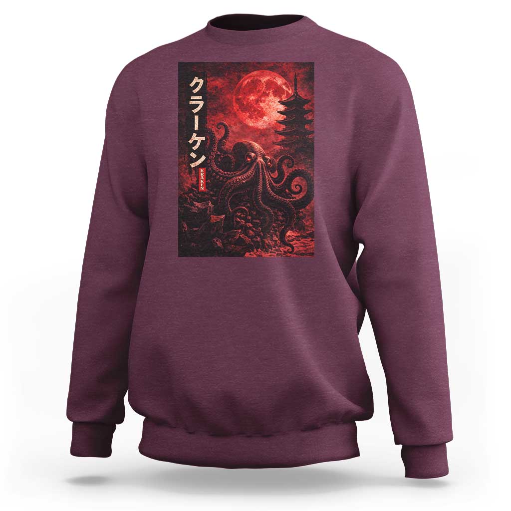 Vintage Sea Monster Sweatshirt Horror Japanese Octopus Mythology Temple Red Moon