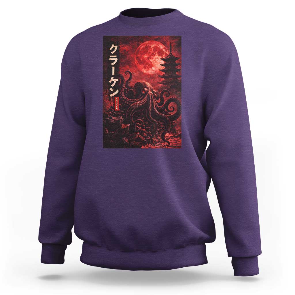 Vintage Sea Monster Sweatshirt Horror Japanese Octopus Mythology Temple Red Moon