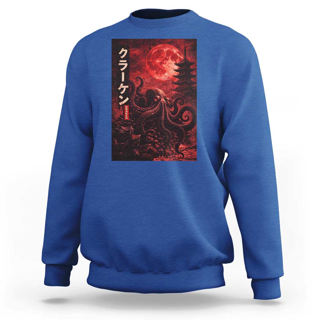 Vintage Sea Monster Sweatshirt Horror Japanese Octopus Mythology Temple Red Moon