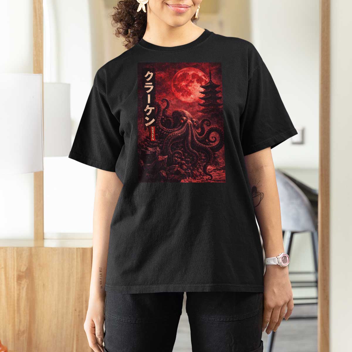 Vintage Sea Monster T Shirt For Women Horror Japanese Octopus Mythology Temple Red Moon