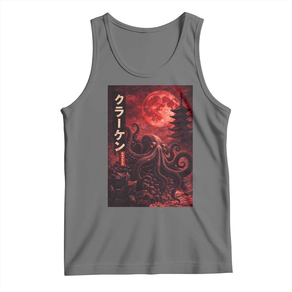 Vintage Sea Monster Tank Top Horror Japanese Octopus Mythology Temple Red Moon