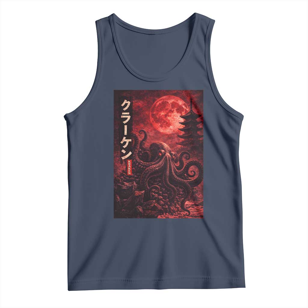 Vintage Sea Monster Tank Top Horror Japanese Octopus Mythology Temple Red Moon