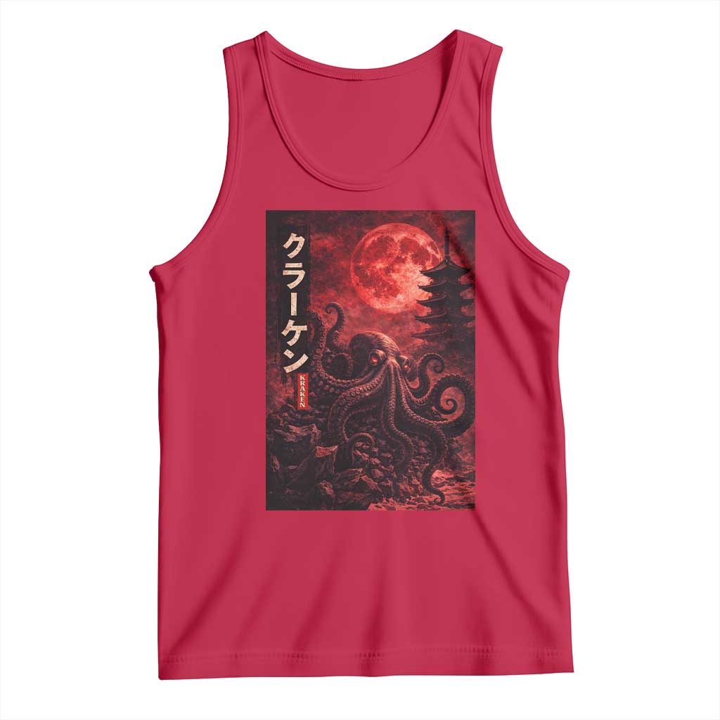 Vintage Sea Monster Tank Top Horror Japanese Octopus Mythology Temple Red Moon