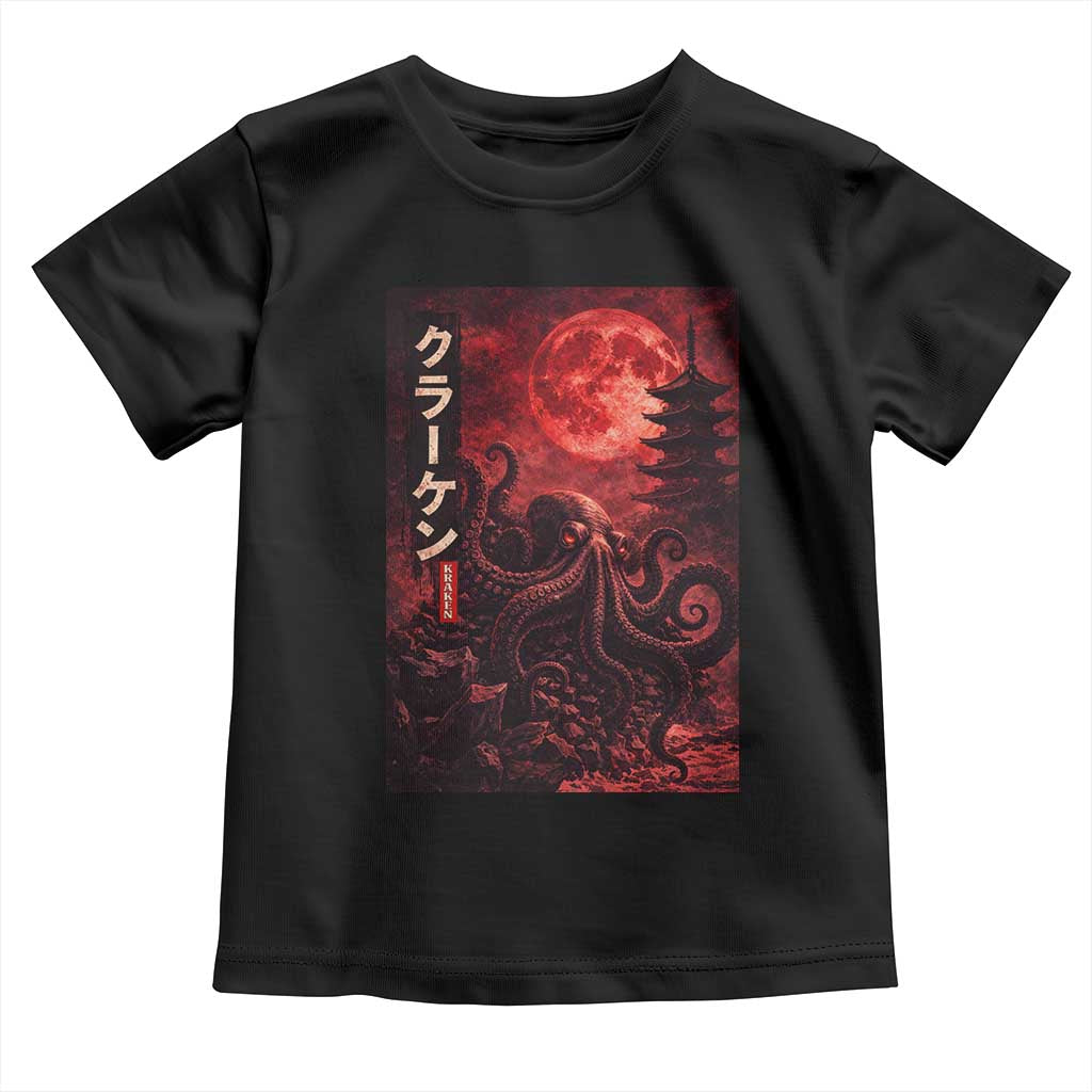Vintage Sea Monster Toddler T Shirt Horror Japanese Octopus Mythology Temple Red Moon