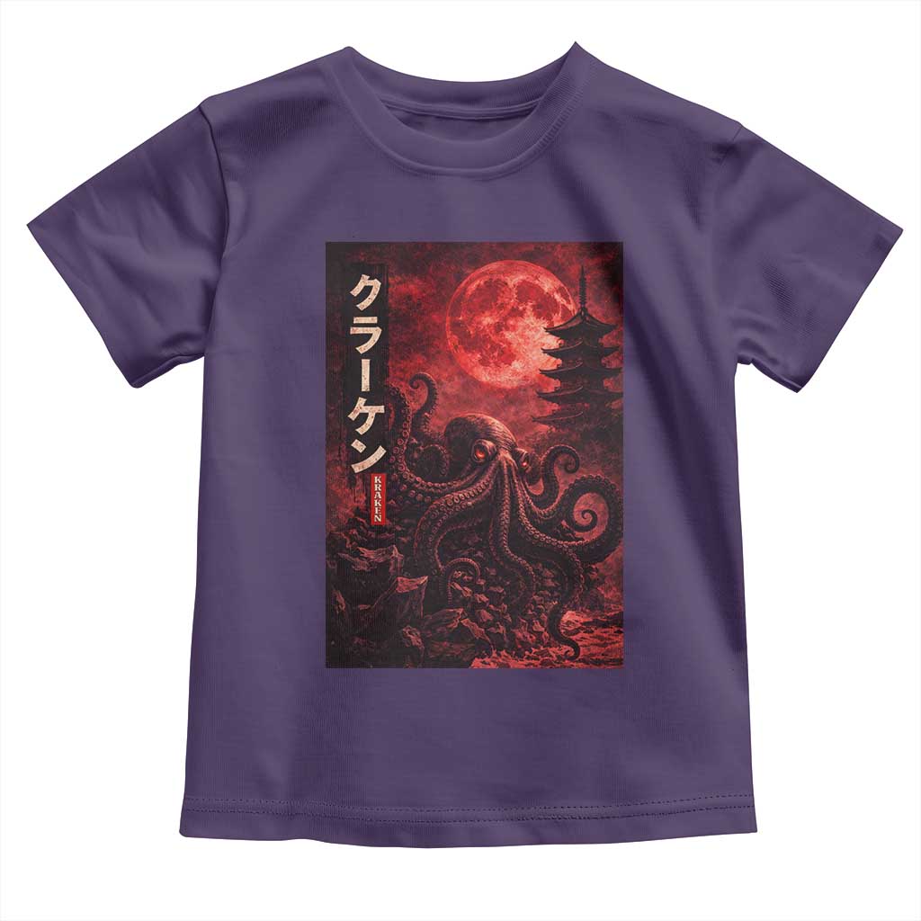 Vintage Sea Monster Toddler T Shirt Horror Japanese Octopus Mythology Temple Red Moon