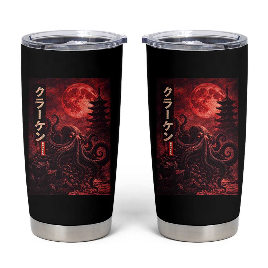 Vintage Sea Monster Tumbler Cup Horror Japanese Octopus Mythology Temple Red Moon