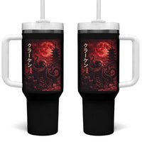 Vintage Sea Monster Tumbler With Handle Horror Japanese Octopus Mythology Temple Red Moon