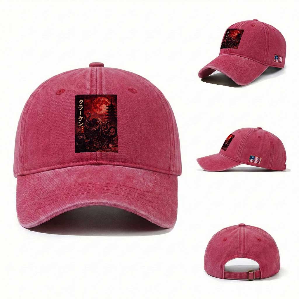 Vintage Sea Monster Washed Cotton Baseball Cap Horror Japanese Octopus Mythology Temple Red Moon