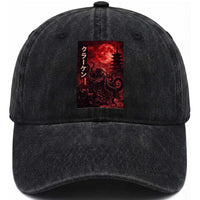 Vintage Sea Monster Washed Cotton Baseball Cap Horror Japanese Octopus Mythology Temple Red Moon