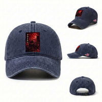 Vintage Sea Monster Washed Cotton Baseball Cap Horror Japanese Octopus Mythology Temple Red Moon
