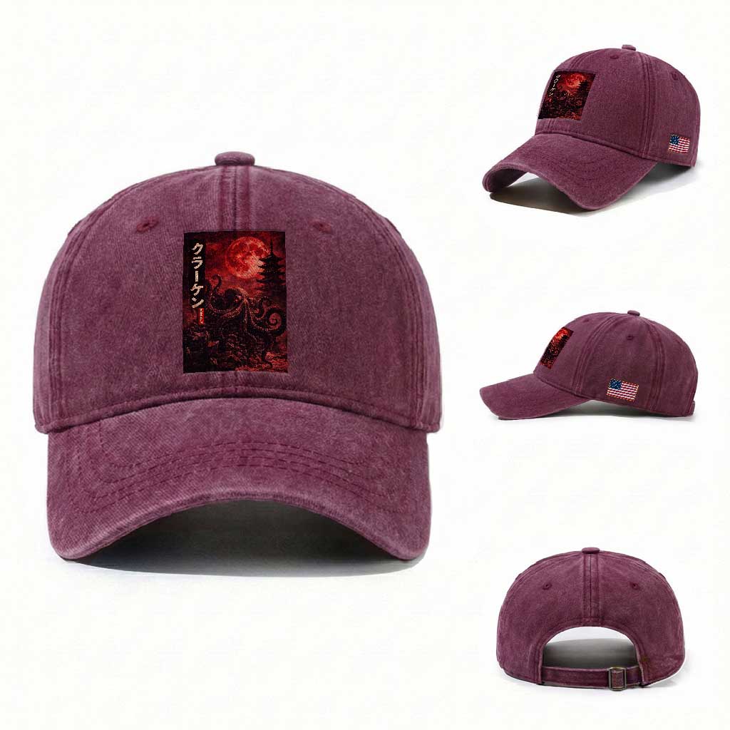 Vintage Sea Monster Washed Cotton Baseball Cap Horror Japanese Octopus Mythology Temple Red Moon