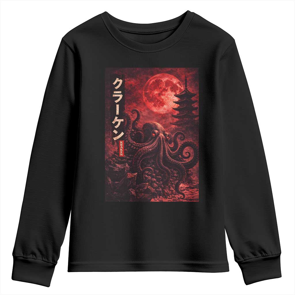 Vintage Sea Monster Youth Sweatshirt Horror Japanese Octopus Mythology Temple Red Moon