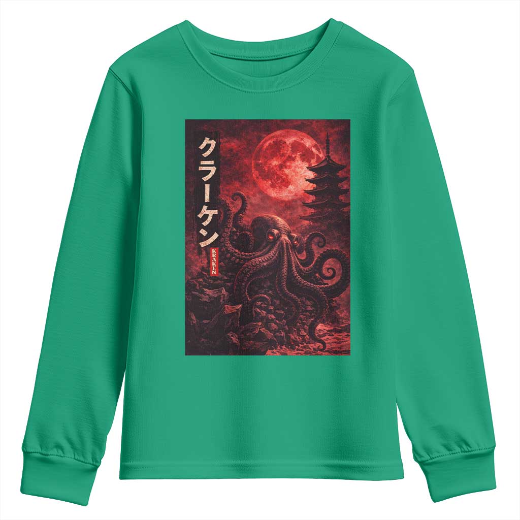 Vintage Sea Monster Youth Sweatshirt Horror Japanese Octopus Mythology Temple Red Moon