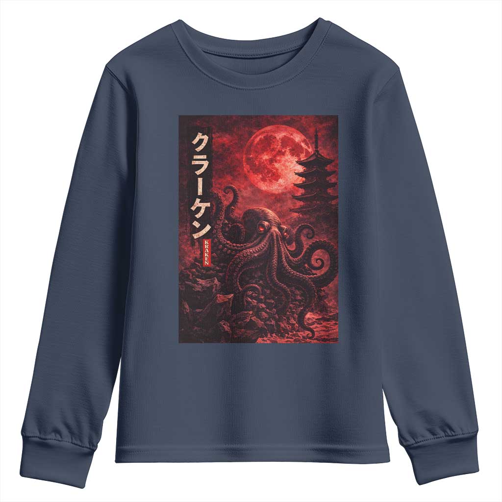 Vintage Sea Monster Youth Sweatshirt Horror Japanese Octopus Mythology Temple Red Moon