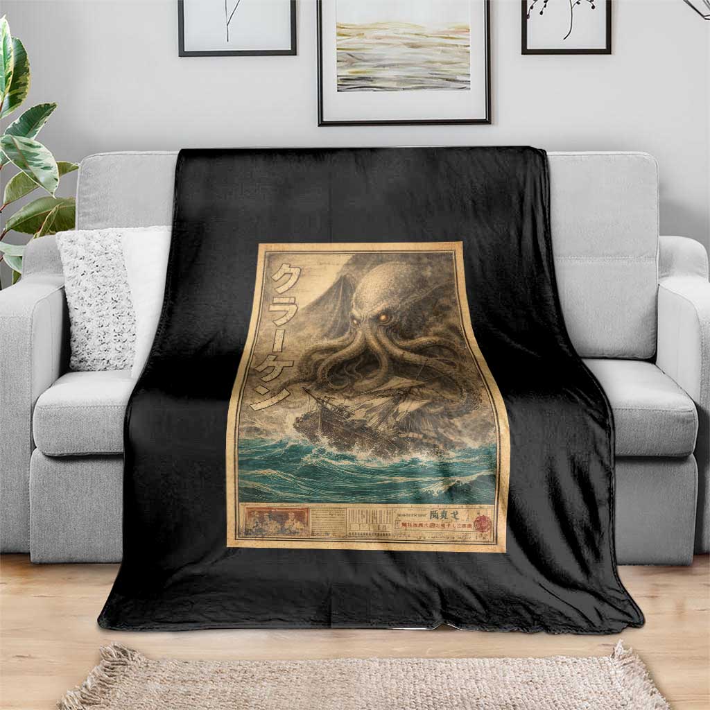 Vintage Japanese Sea Monster Throw Blanket Retro Mythology Newspaper Ukiyo-e Art