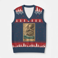 Vintage Japanese Sea Monster V-Neck Knit Sweater Vest Retro Mythology Newspaper Ukiyo-e Art