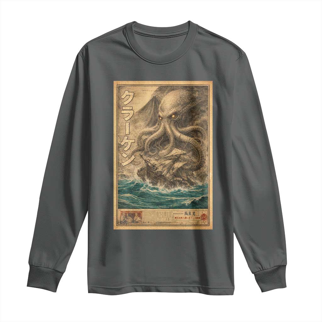 Vintage Japanese Sea Monster Long Sleeve Shirt Retro Mythology Newspaper Ukiyo-e Art
