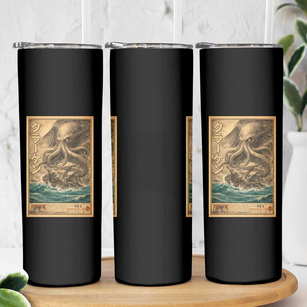 Vintage Japanese Sea Monster Skinny Tumbler Retro Mythology Newspaper Ukiyo-e Art