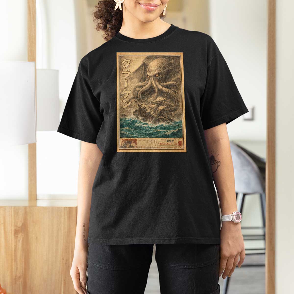 Vintage Japanese Sea Monster T Shirt For Women Retro Mythology Newspaper Ukiyo-e Art
