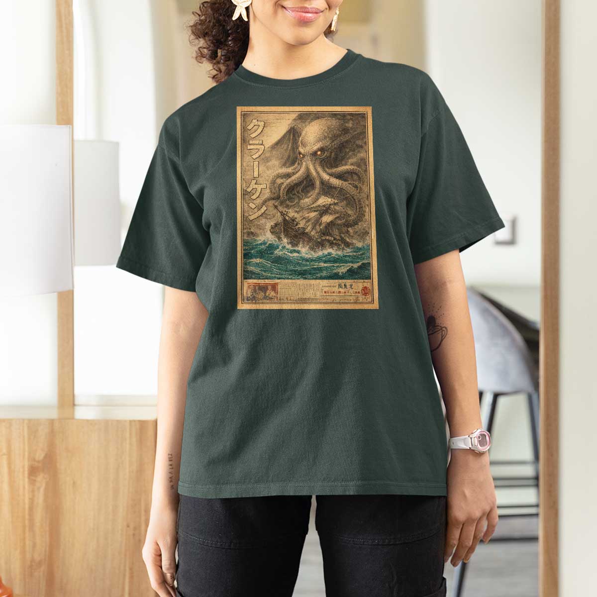 Vintage Japanese Sea Monster T Shirt For Women Retro Mythology Newspaper Ukiyo-e Art