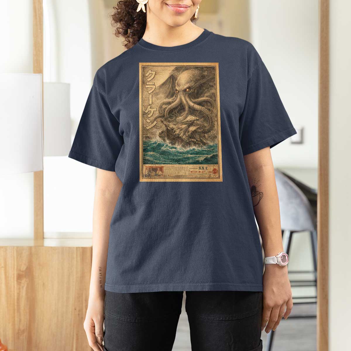 Vintage Japanese Sea Monster T Shirt For Women Retro Mythology Newspaper Ukiyo-e Art