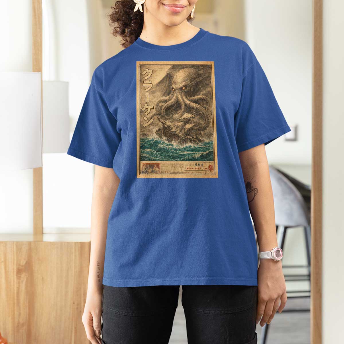 Vintage Japanese Sea Monster T Shirt For Women Retro Mythology Newspaper Ukiyo-e Art