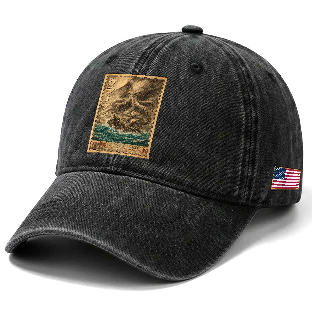 Vintage Japanese Sea Monster Washed Cotton Baseball Cap Retro Mythology Newspaper Ukiyo-e Art