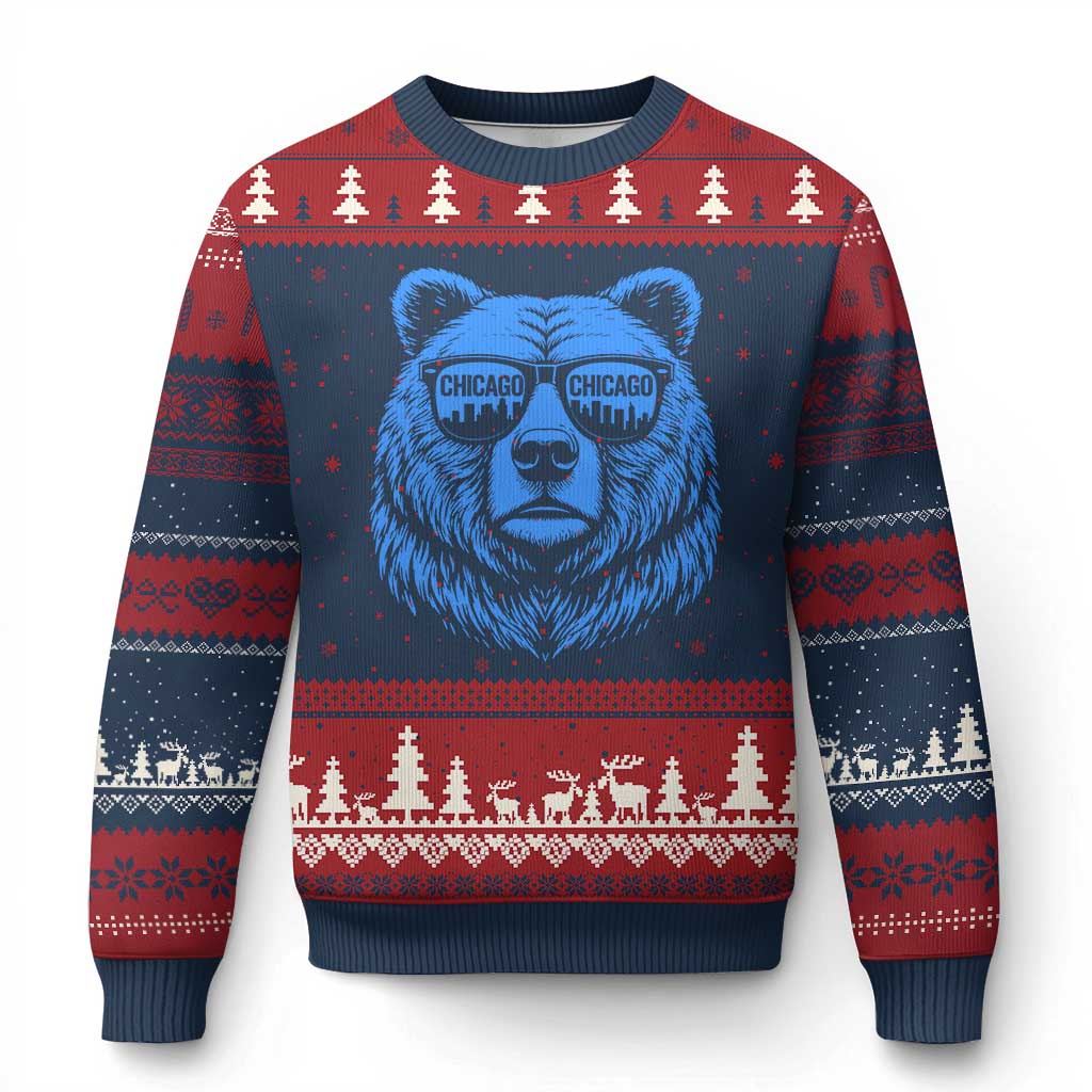 Vintage Chicago Ugly Christmas Sweater Cub With Sunglasses Baseball Fans