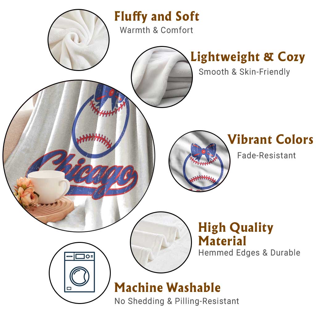 Chicago Coquette Bow Throw Blanket Cute Girls Kids Women Baseball Fans