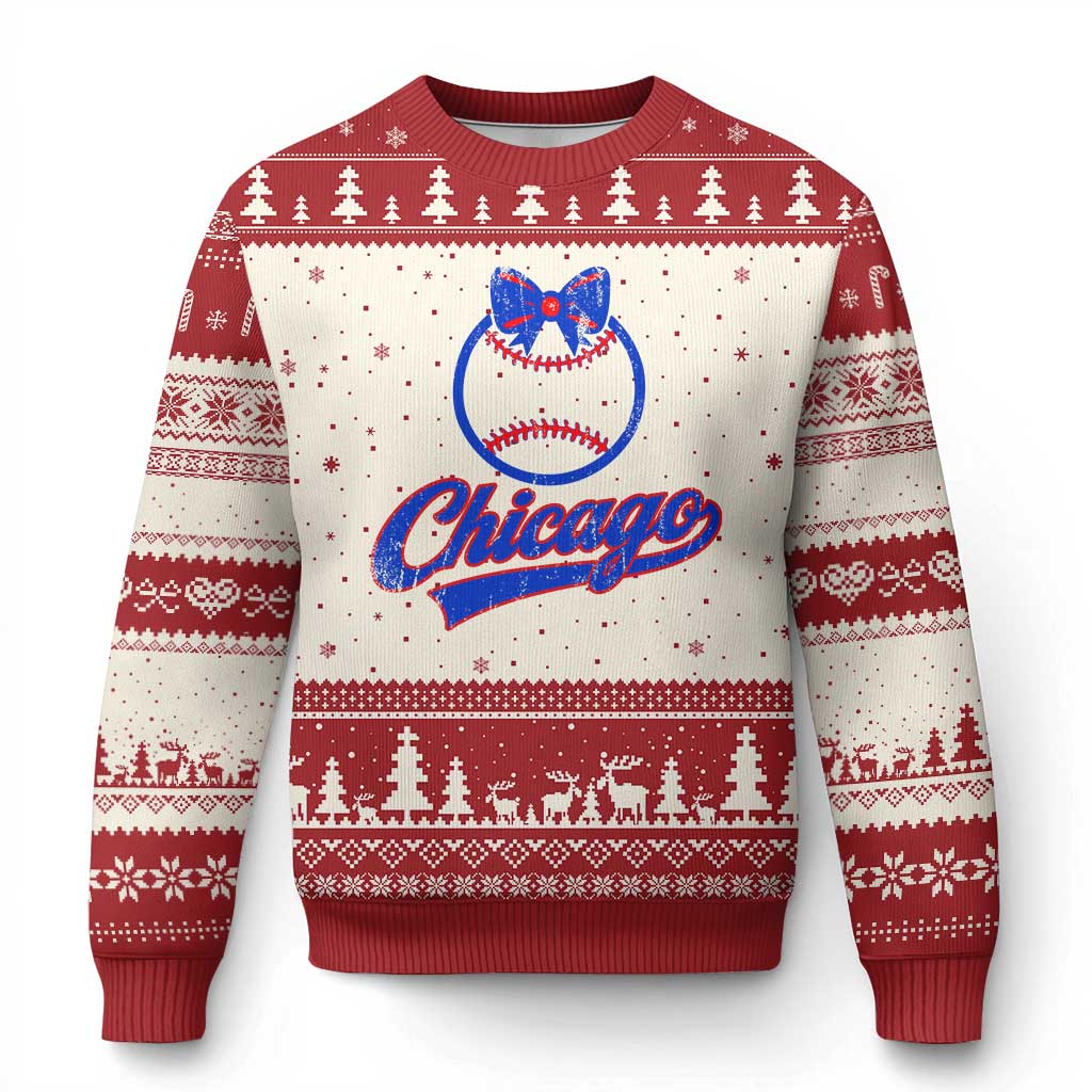 Chicago Coquette Bow Ugly Christmas Sweater Cute Girls Kids Women Baseball Fans