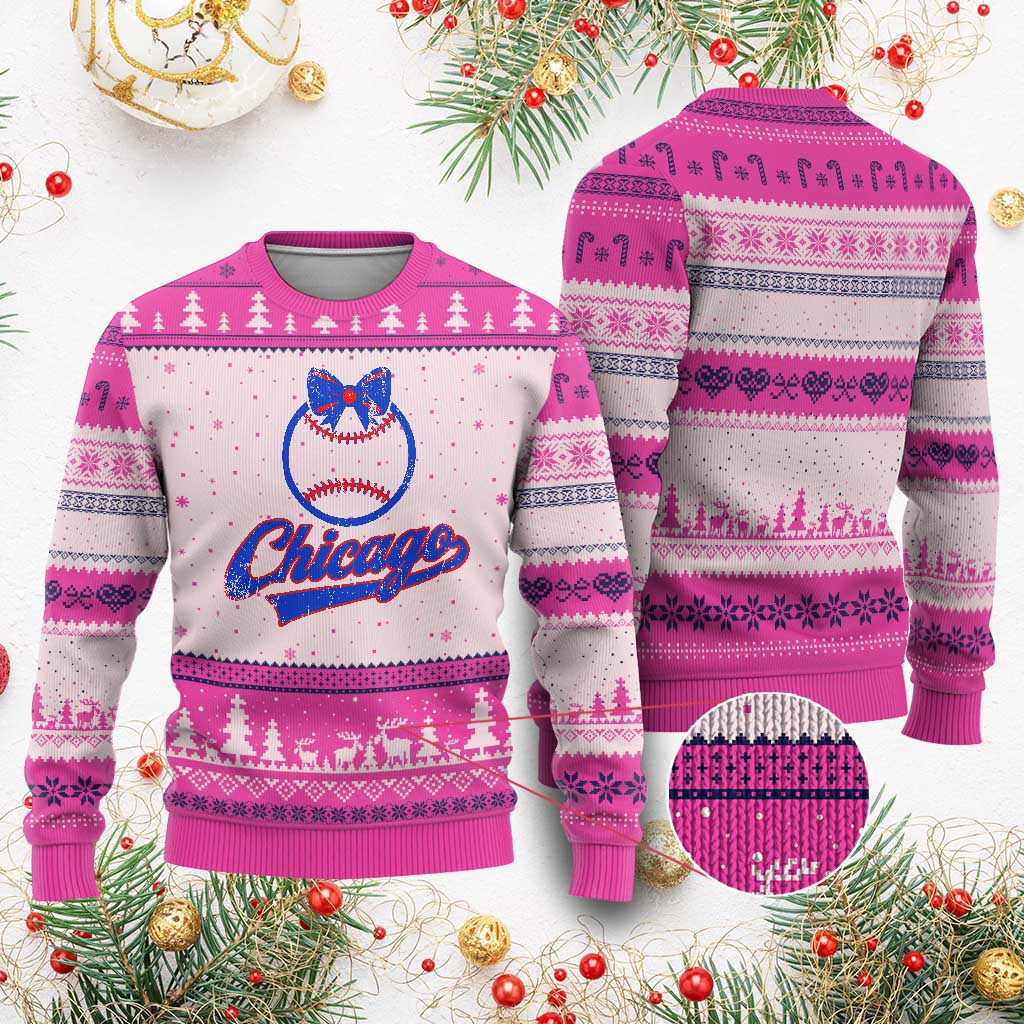 Chicago Coquette Bow Ugly Christmas Sweater Cute Girls Kids Women Baseball Fans