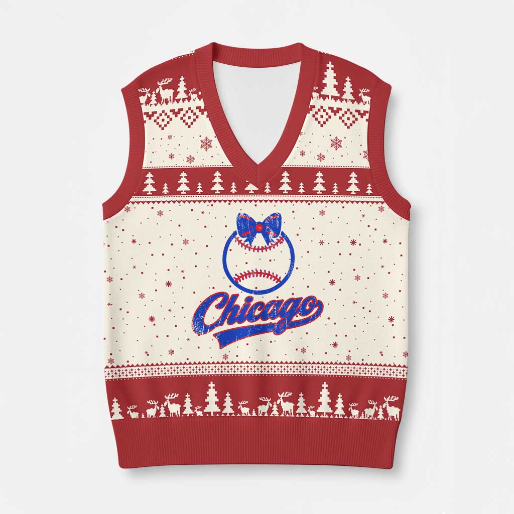Chicago Coquette Bow V-Neck Knit Sweater Vest Cute Girls Kids Women Baseball Fans