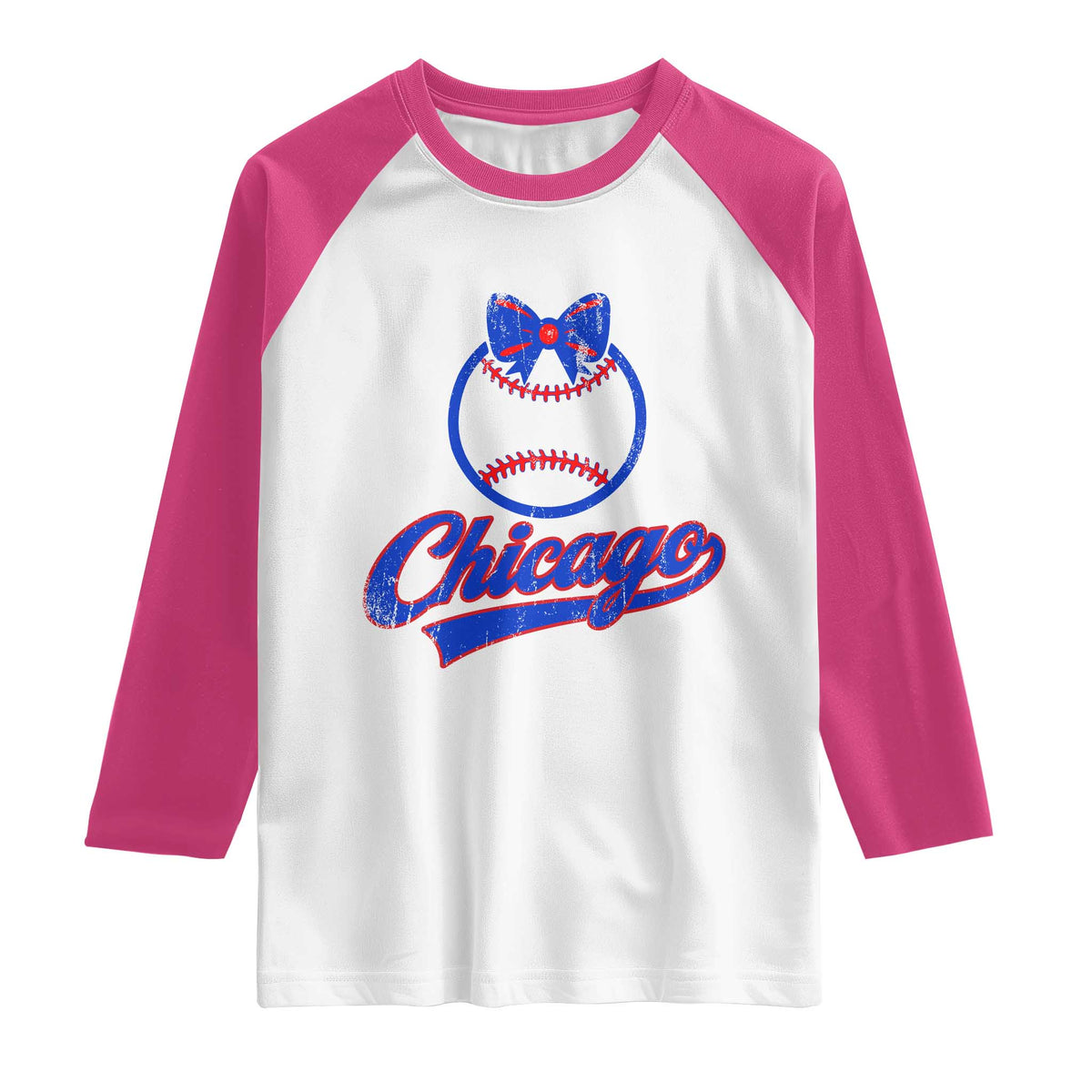 Chicago Coquette Bow Raglan Shirt Cute Girls Kids Women Baseball Fans