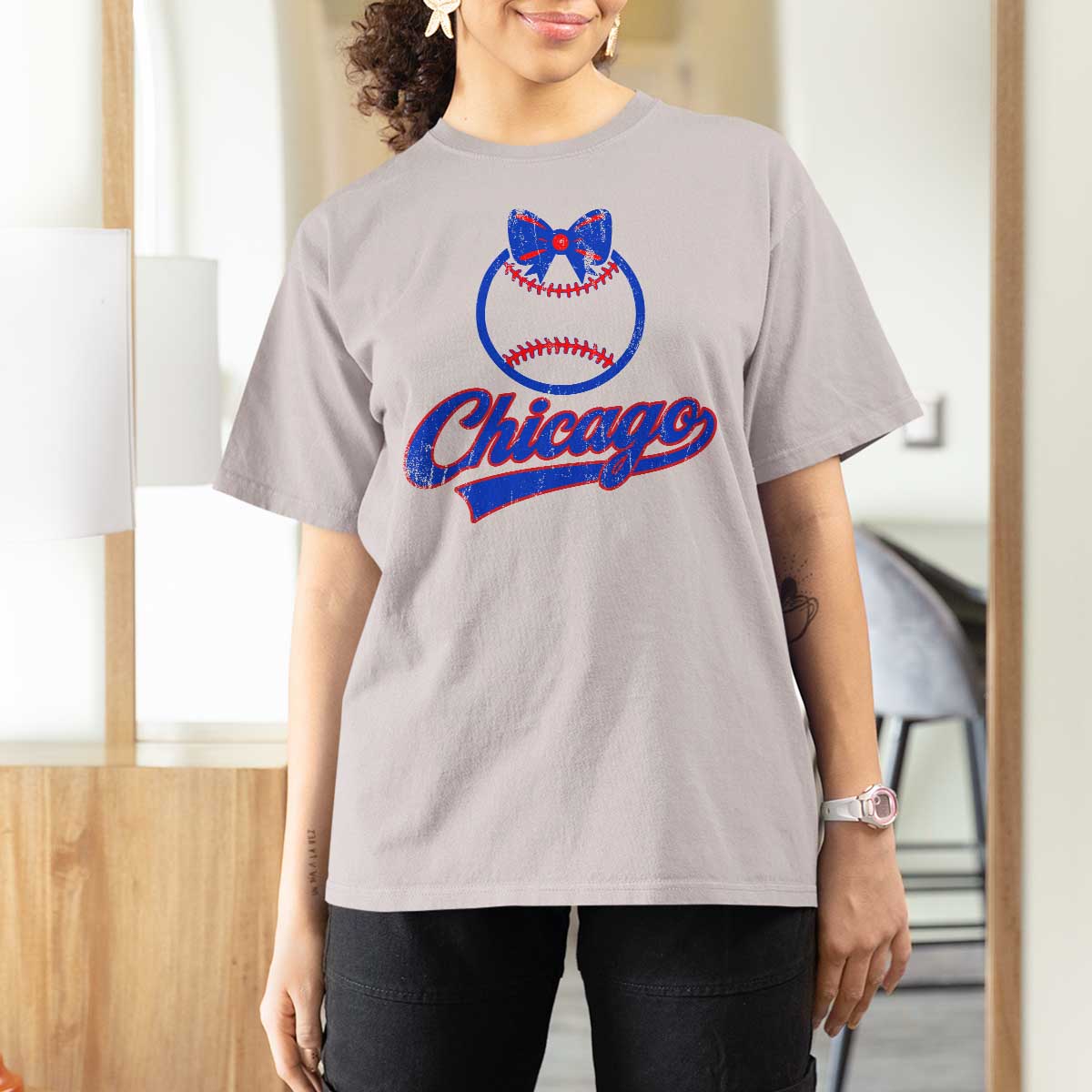 Chicago Coquette Bow T Shirt For Women Cute Girls Kids Women Baseball Fans