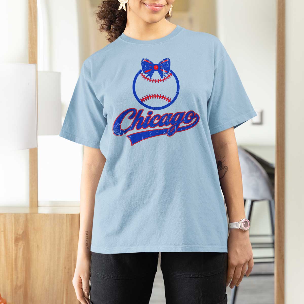 Chicago Coquette Bow T Shirt For Women Cute Girls Kids Women Baseball Fans