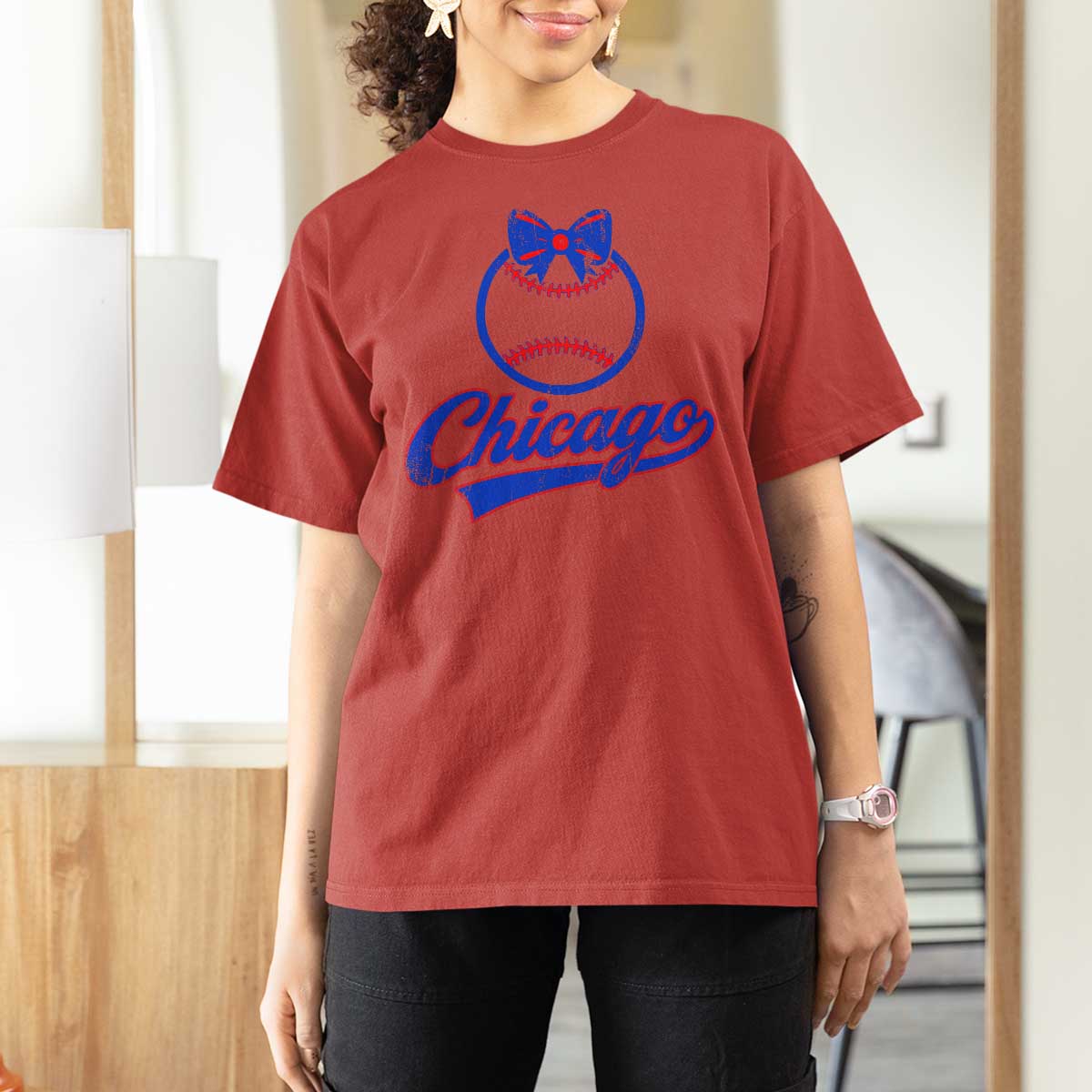 Chicago Coquette Bow T Shirt For Women Cute Girls Kids Women Baseball Fans