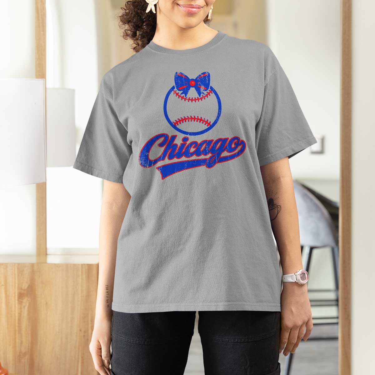 Chicago Coquette Bow T Shirt For Women Cute Girls Kids Women Baseball Fans