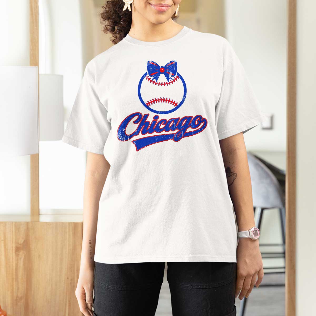 Chicago Coquette Bow T Shirt For Women Cute Girls Kids Women Baseball Fans