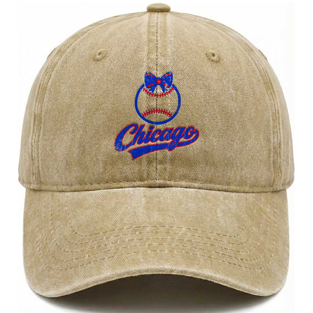 Chicago Coquette Bow Washed Cotton Baseball Cap Cute Girls Kids Women Baseball Fans